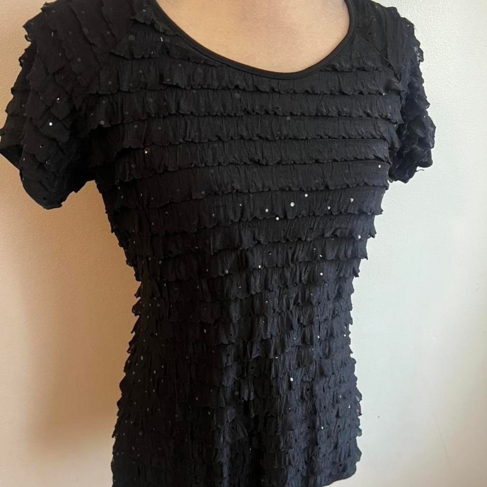 Brittany Black Tiered Ruffle Sequin Top Short Sleeve Black Blouse Small 3-7727RO
